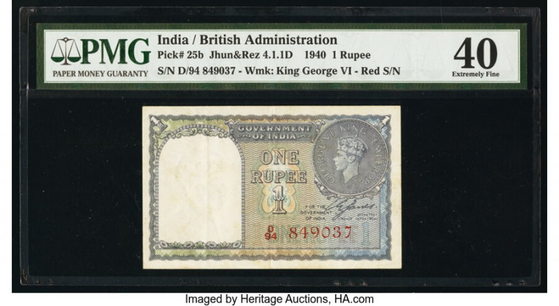 India Government of India 1 Rupee 1940 Pick 25b Jhun4.1.1D PMG Extremely Fine 40...