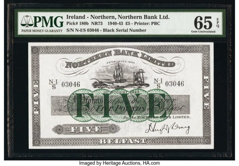 Ireland - Northern Northern Bank Limited 5 Pounds 1940-43 Pick 180b PMG Gem Unci...