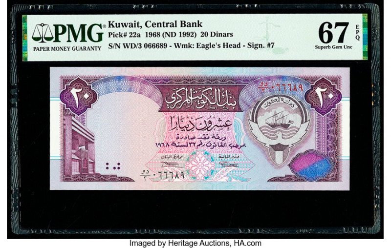 Kuwait Central Bank of Kuwait 20 Dinars 1968 (ND 1992) Pick 22a PMG Superb Gem U...