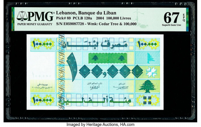 Lebanon Banque du Liban 100,000 Livres 2004 Pick 89 PMG Superb Gem Unc 67 EPQ. 
...