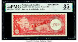 Netherlands Antilles Bank van de Nederlandse Antillen 500 Gulden 2.1.1962 Pick 7s Specimen PMG Choice Very Fine 35. Red Specimen overprints and minor ...