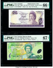 New Zealand Reserve Bank of New Zealand 2; 20 Dollars ND (1977-81); 1999-2003 Pick 164d*; 187a Two Examples Issued/Replacement PMG Gem Uncirculated 66...