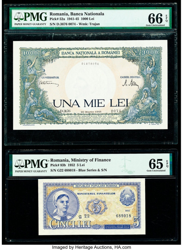 Romania Banca Nationala 1000; 5 Lei 20.3.1945; 1952 Pick 52a; 83b Two Examples P...