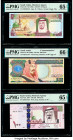 Saudi Arabia Saudi Arabian Monetary Agency 100 (2); 200 Riyals ND (1984); ND (1999); 2007 Pick 25b; 28; 35a Three Examples PMG Gem Uncirculated 65 EPQ...