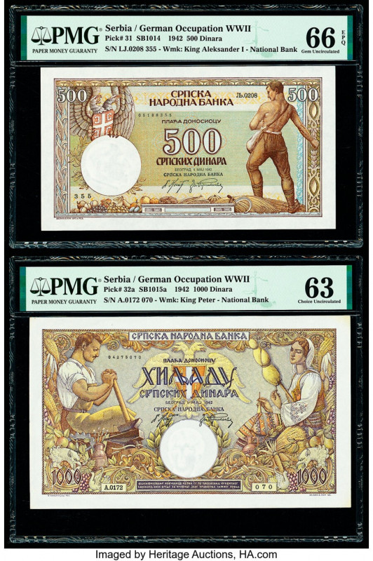 Serbia National Bank 500; 1000 Dinara 1.5.1942 Pick 31; 32a Two Examples PMG Gem...