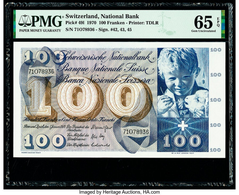 Switzerland National Bank 100 Franken 1970 Pick 49l PMG Gem Uncirculated 65 EPQ....