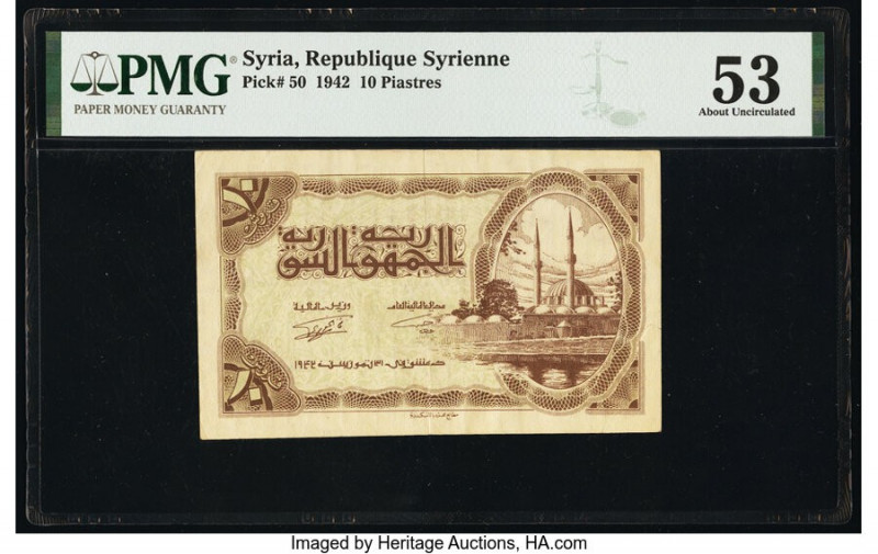 Syria Republique Syrienne 10 Piastres 31.7.1942 Pick 50 PMG About Uncirculated 5...