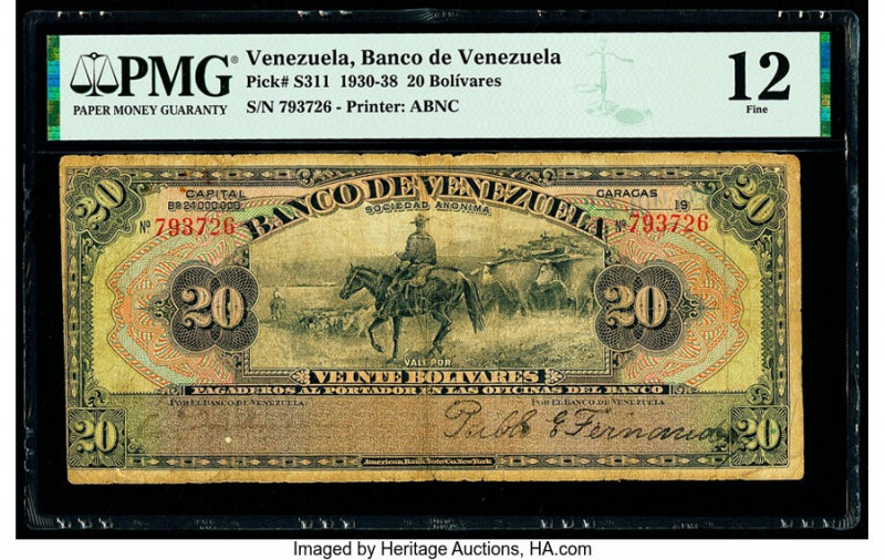 Venezuela Banco de Venezuela 20 Bolivares 1930-38 Pick S311 PMG Fine 12. 

HID09...