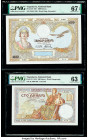 Yugoslavia National Bank 1000; 100 Dinara 1.12.1931; 1934 Pick 29; 31 Two Examples PMG Superb Gem Unc 67 EPQ; Choice Uncirculated 63. Pick 31 has a sm...