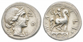 Roman Republic, Man. Aemilius Lepidus, Rome, 114-113 BC, Denarius, AG 3.73 g. 
Ref: Crawford 291/1 - Near EF