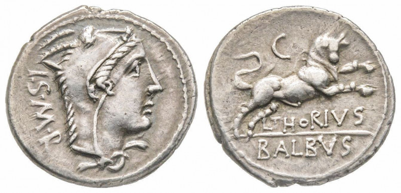 Roman Republic, L. Thorius Balbus, Rome, 105 BC, Denarius, AG 3.99 g. 
Ref: Craw...