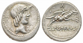 Roman Republic, C. Calpurnius L.f. Frugi, Rome, 90 BC, Denarius, AG 3.91 g. 
Ref: Crawford 340/1, Sydenham 663b - Near EF