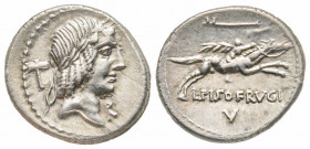 Roman Republic, C. Calpurnius L.f. Frugi, Rome, 90 BC, Denarius, AG 3.51 g. Exergue: V
Ref: Crawford 340/1, Sydenham 663b - Near EF