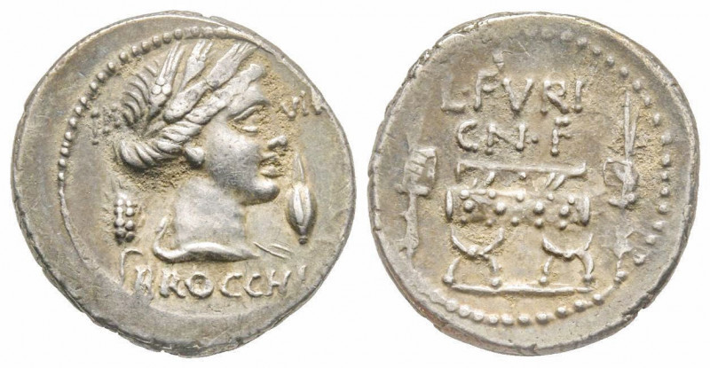 Roman Republic, L. Furius Cn. f. Brocchus, Rome, 63 BC, Denarius, AG 4.00 g.
Ref...