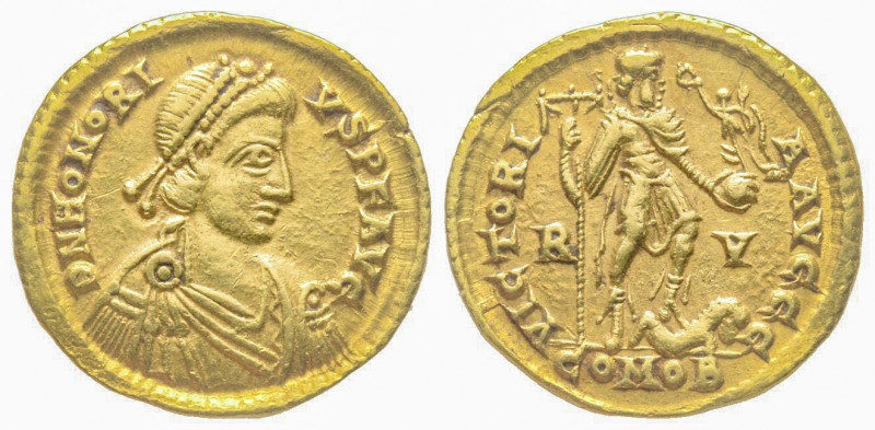 Honorius 393-423, Solidus, Ravenna, AD 402-406, AU 4.44 g.
Ref: RIC X 1287, Rani...