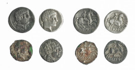 HISPANIA ANTIGUA. Lote de 4 denarios de Bolskan (2), Turiasu y Sekobirikes, 2 de ellos forrados. De BC+ a MBC.