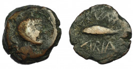 HISPANIA ANTIGUA. CUMBARIA. Semis. A/ Cabeza masculina a der., detrás delfín. R/ Atún a izq., CVNB/ARIA. AE7,77 g. 20,6 mm. I-880. ACIP-2620. BC/BC+....
