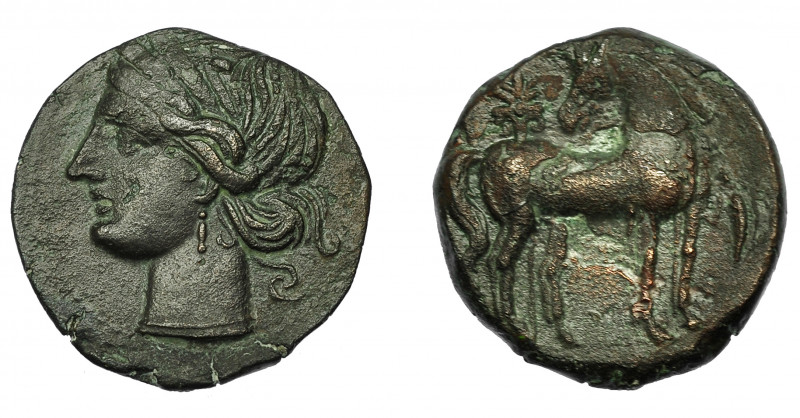 GRECIA ANTIGUA. ZEUGITANIA. Cartago. Calco. A/ Cabeza de Tanit a izq. R/ Caballo...