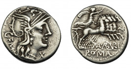 REPÚBLICA ROMANA. ABURIA. Denario. Roma (132 a.C.). R/ M ABVRI, exergo ROMA. AR 3,19 g. 18,5 mm. CRAW-250.1. FFC-88. MBC-.