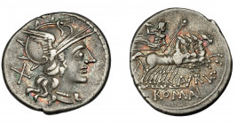 REPÚBLICA ROMANA. AURELIA. Denario. Roma (144 a. C.). R/ Júpiter en cuadriga a derecha, debajo ANRVF, en exergo ROMA. AR 3,74 g. 20,5 mm. CRAW, 183. F...