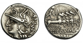 REPÚBLICA ROMANA. BAEBIA. Denario. Roma (137 a.C.). R/ Apolo en cuadriga a der. AR 3,89 g. 18 mm. CRAW-236.1a. FFC-198. MBC.