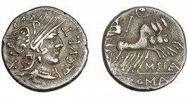 REPÚBLICA ROMANA. CURTIA. Denario. Norte de Italia (116-115 a.C.). A/ Q.CVRT. R/ Júpiter en cuadriga a derecha, encima lituo; M.SILA, en exergo ROMA. ...