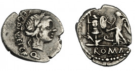 REPÚBLICA ROMANA. EGNATULEIA. Quinario. Roma (97 a.C.). A/ Cabeza de Apolo a der., detrás C EGNATVLEI C F Q. R/ Victoria a izq. escribiendo en escudo ...