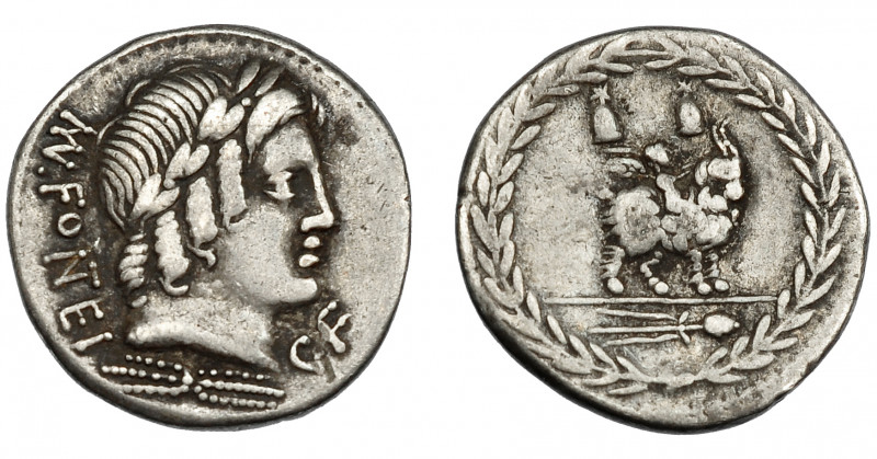 REPÚBLICA ROMANA. FONTEIA. Denario. Roma (85 a.C ). A/Cabeza laureada de Apolo V...