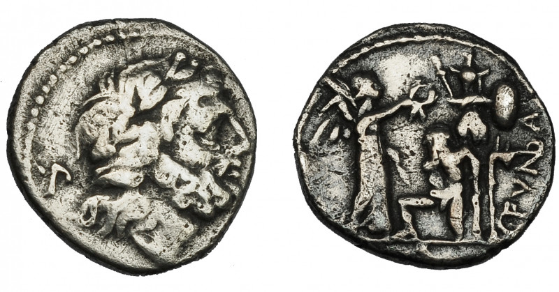 REPÚBLICA ROMANA. FUNDANIA. Quinario. Roma (101 a.C.). A/ Letra P. R/ Victoria c...