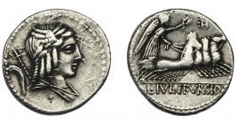 REPÚBLICA ROMANA. JULIA. Denario. Roma (85 a.C.). A/ Tridente y símbolo. R/ Letra :H, exergo L. IVLI BVRSIO. AR CRAW-352.1. FFC-772. MBC/MBC-.