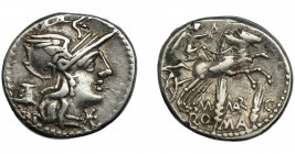 REPÚBLICA ROMANA. MARCIA. Denario. Roma (134 a.C.). A/ Marca modio. R/ M. MAR. C., exergo ROMA. AR 3,90, 19,90 mm. CRAW-494.31. FFC-850. Leve oxidació...