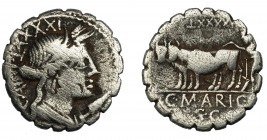 REPÚBLICA ROMANA. MARIA. Denario. Roma (81 a.C.). R/ Yunta fundacional a izq., encima número, debajo C MARI C F/S C. AR 3,41 g. 18,5 mm. CRAW-378.1. F...