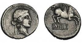 REPÚBLICA ROMANA. TITIA. Denario. Roma. Italia central (90 a.C.). A/ Cabeza de Baco a der. R/ Pegaso a der.; Q TITI en cartela. AR 3,85 g. 18 mm. CRAW...