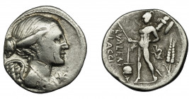 REPÚBLICA ROMANA. VALERIA. Denario. Sur de Italia (108-107 a.C.). R/ L. VALERI FLACCI. AR 3,73 g. 20 mm. CRAW-306.1. FFC-1165. Contramarcas. BC+.
