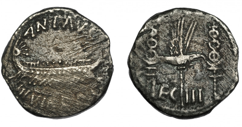 PERIODO DE JULIO CÉSAR A AUGUSTO. MARCO ANTONIO. Denario. Ceca móvil (32-31 a.C....