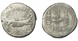 PERIODO DE JULIO CÉSAR A AUGUSTO. MARCO ANTONIO. Denario. Ceca móvil (32-31 a.C.). A/ Galera a der. R/ Aquila entre dos signa; LEG XX. AR 3,18 g. 18,2...