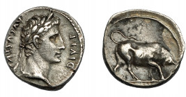 PERIODO DE JULIO CÉSAR A AUGUSTO. AUGUSTO. Denario. Lugdunum (11 a.C.-10 a.C.). R/ Toro embistiendo a der; (IMP XII). AR 3,71 g. 18,2 mm. RIC-187A. FF...