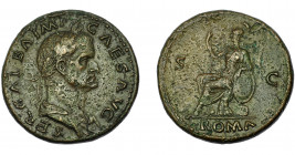 IMPERIO ROMANO. GALBA. Sestercio. Roma (68-69 d.C.). R/ Roma sentada a izq. con lanza y escudo; exergo ROMA, S-C. AE 25,67 g. 35,3 mm. RIC-241. MBC-.