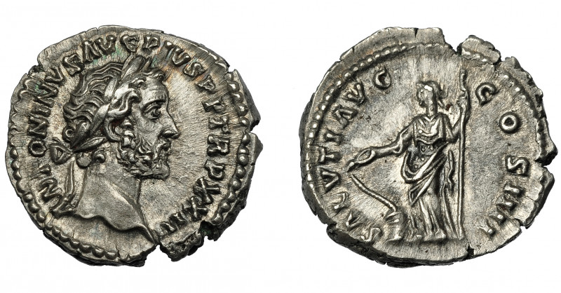 IMPERIO ROMANO. ANTONINO PÍO. Denario. Roma (159-160). R/ Salus con cetro y serp...