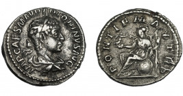 IMPERIO ROMANO. HELIOGÁBALO. Denario. Roma (218 d.C.). R/ Roma con cetro y Victoria sentada junto a escudo a izq.; PONTIF MAX TRP. AR 3,09g. 18,4 mm. ...