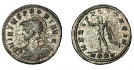 IMPERIO ROMANO. PROBO. Antoniniano. Ticinum (276-282). A/ Busto del emperador a izq. con casco, corona radiada y coraza, sosteniendo lanza y escudo; V...