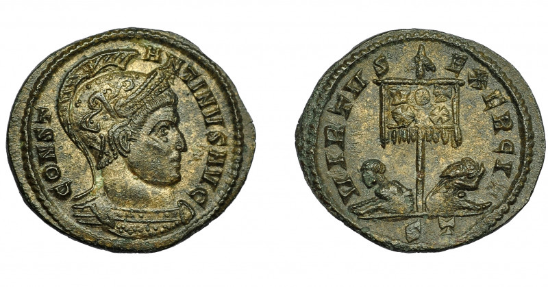 IMPERIO ROMANO. CONSTANTINO I. Follis. Ticinum (319-320). R/ Dos cautivos, en me...