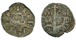 CORONA DE ARAGÓN. PEDRO EL DE HUESCA (1094-1104). Dinero. Jaca. Puntos a los lados de la cruz del rev. VE 0,87 g. 17,3 mm. IV-B 213.2. BC+. Escasa.