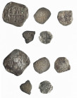 FELIPE II. Lote de monedas de plata de Felipe II a Felipe IV: 8 reales peninsulares sin datos; 2 reales -2: Felipe II Sevilla y-(16)05 y Granada (M)- ...
