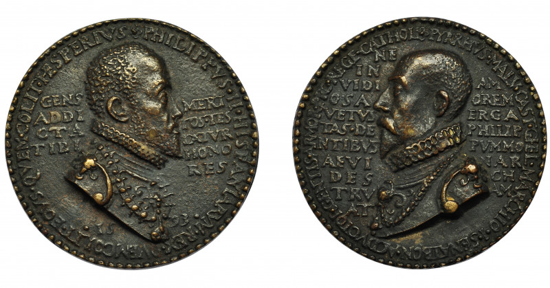 FELIPE II. Medalla anónima. 1593. R/ PYRRHUS MALV CAST GHEL MARCHIO I SENAT BON ...