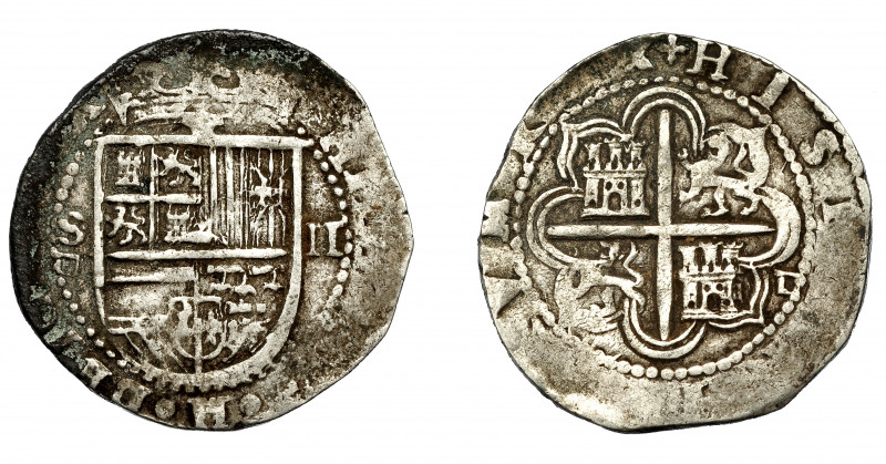 FELIPE II. 2 reales. Sevilla. Marca del grabador Melchor Damián en anv. y rev. A...