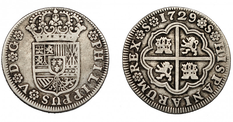 FELIPE V. 2 reales. 1729. Sevilla. Sin valor ni ensayador. VI-788. MBC-. Escasa