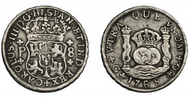 CARLOS III. 8 reales. 1768. Guatemala. P. VI-853. Agujero tapado. Pequeñas marcas. MBC-.