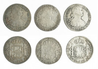 CARLOS IV. Lote de 3 monedas de 8 reales. México 1793, 1799 y 1801. BC+/MBC-.