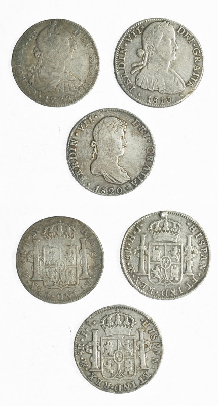 FERNANDO VII. Lote de 3 monedas de 8 reales. México 1777, 1810 y 1820. BC+/MBC-....